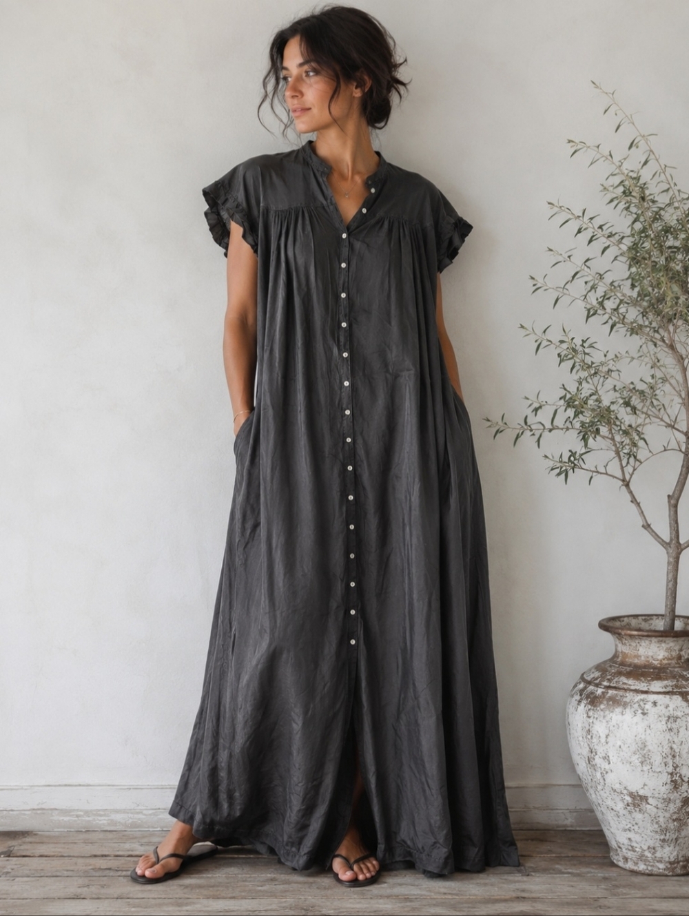 Raquel Allegra Silk Cotton Shirtdress in Black Charcoal Size 0 Lagenlook Cottage